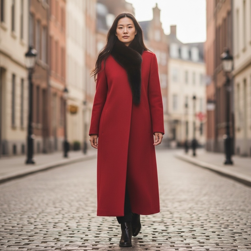 BEAUTIFUL Vintage Alorna Red 100% Wool Coat with Rich Brown Fur Collar, Large